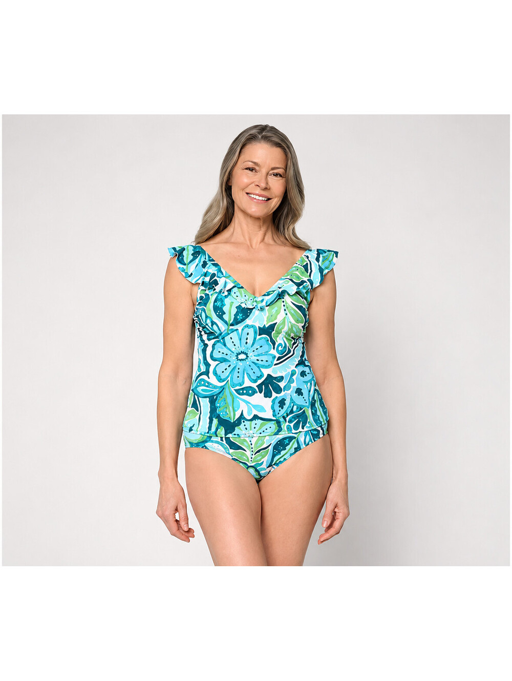 Susan Graver Soleil Ruffle Neck Tankini Set Blue Watercolor, 22